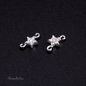 Коннектор-звездочка с фианитами, родий, 1 шт. (M978), Корея