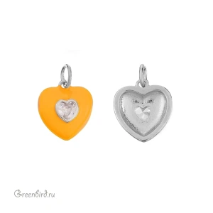 Подвеска с эмалью "Сердце" с фианитом, родий, оранжевый, Crystal, 1 шт (#SVA-FIAN-049R)