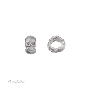 Бусина-шарм "Черепа", матовый родий, 1 шт. (9H156), Корея