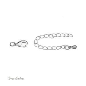 Замок-лобстер 10 мм с удлинителем "Капелька", родий, 1 шт. (#SV1701-JS-16R)