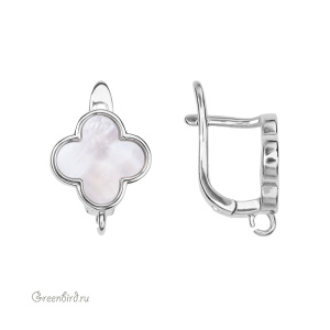Швензы с английским замком "Клевер" 14 мм, перламутр, родий, пара (#SV1701-3061R)