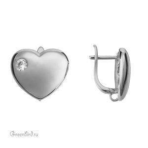 Швензы с английским замком и фианитами "Сердце" зеркальные, родий, пара (#SV1701-2363)
