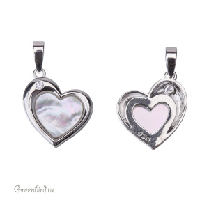 Подвеска с бейлом "Сердце", родий, белый перламутр, 1 шт. (#SV1701-Pendant-06)