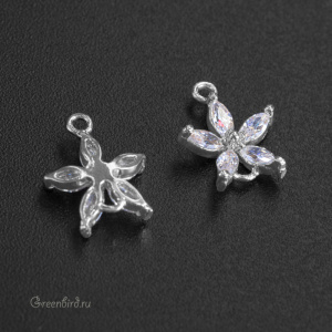 Коннектор-цветок с фианитами, родий, 1 шт. (9M733), Корея