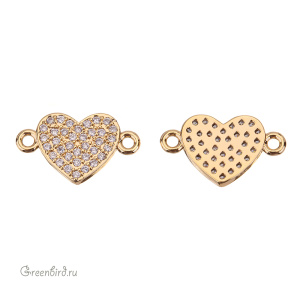Коннектор с фианитами "Сердце", золото, 1 шт. (#SVA-FIAN-902G)