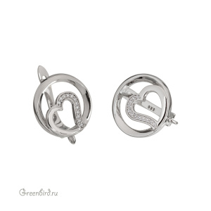 Швензы с английским замком и фианитами "Очерченное сердце", родий, пара (#SV1701-2253N)