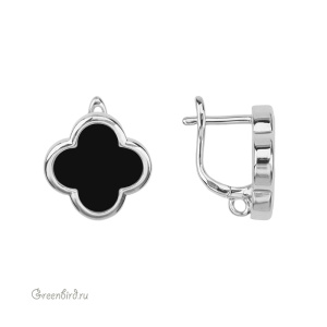 Швензы с английским замком "Клевер", керамика, родий, черный, пара (#SV1701-3059R)