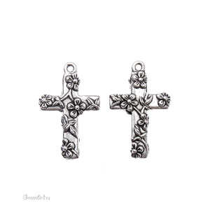 Подвеска "Крест с цветочками", ант. серебро, 1 шт. (#TC-2196)