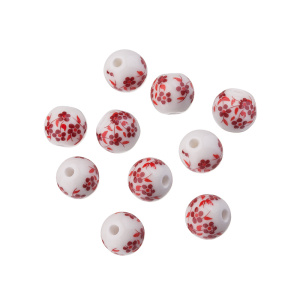 Бусины керамика круглые 10 мм, белый, красный, уп. 10 шт (#SVA-CRM-81)