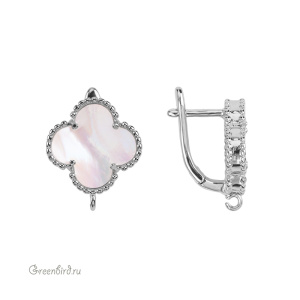 Швензы с английским замком "Клевер" 15x18, перламутр/родий, пара (#SV1701-3064R)