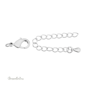 Замок-лобстер 12 мм с удлинителем, родий, 1 шт. (#SV1701-JS-12R)