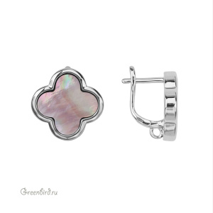 Швензы с английским замком "Клевер", перламутр, родий, серый, пара (#SV1701-3054R)