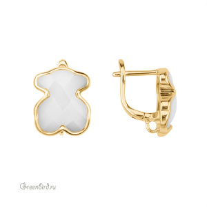 Швензы с английским замком "Мишка", керамика, золото, белый, пара (#SV1701-2258G)