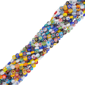 Бусины миллефиори, 6х3 мм, плоские, разноцветные, нить (#CN-BEAD-003)