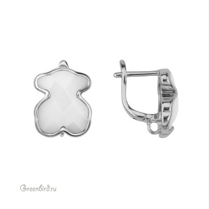 Швензы с английским замком "Мишка", керамика, родий, белый, пара (#SV1701-2258R)