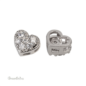 Бусина "Сердце" с фианитами, родий, 1 шт. (9M392), Корея