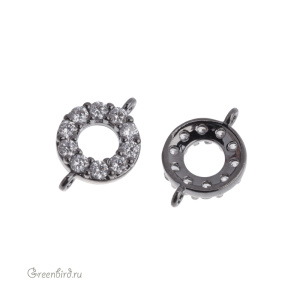 Коннектор с фианитами "Круг", gunmetal, 1 шт. (#SVA-FIAN-1005T)