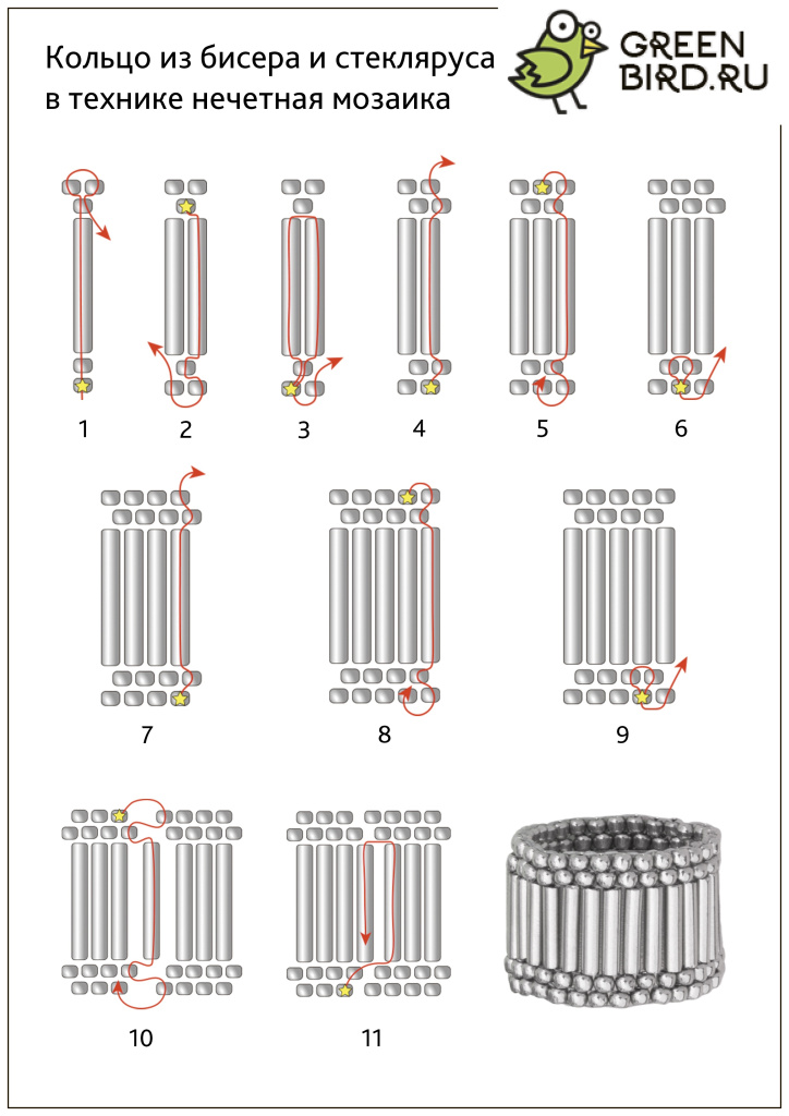 Схема плетение кольца из бисера и стекляруса